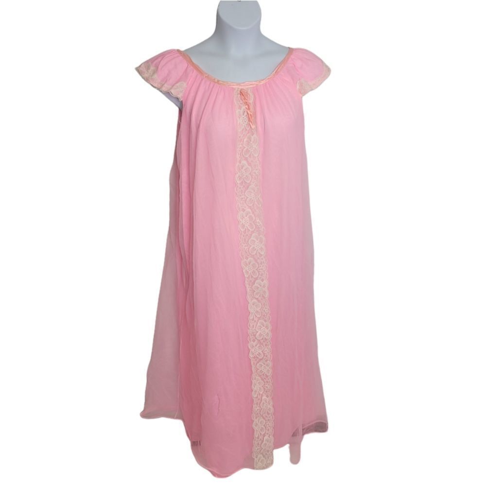 VINTAGE 60s bubblegum pink lace detail nylon barbiecore nightgown M